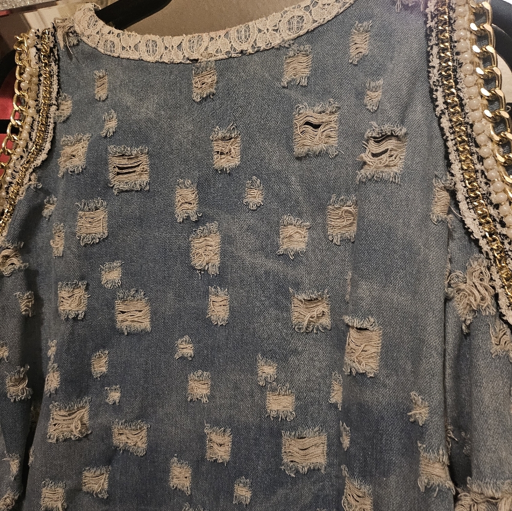 Distressed Denim Cold Shoulder Top - Picture 7 of 7